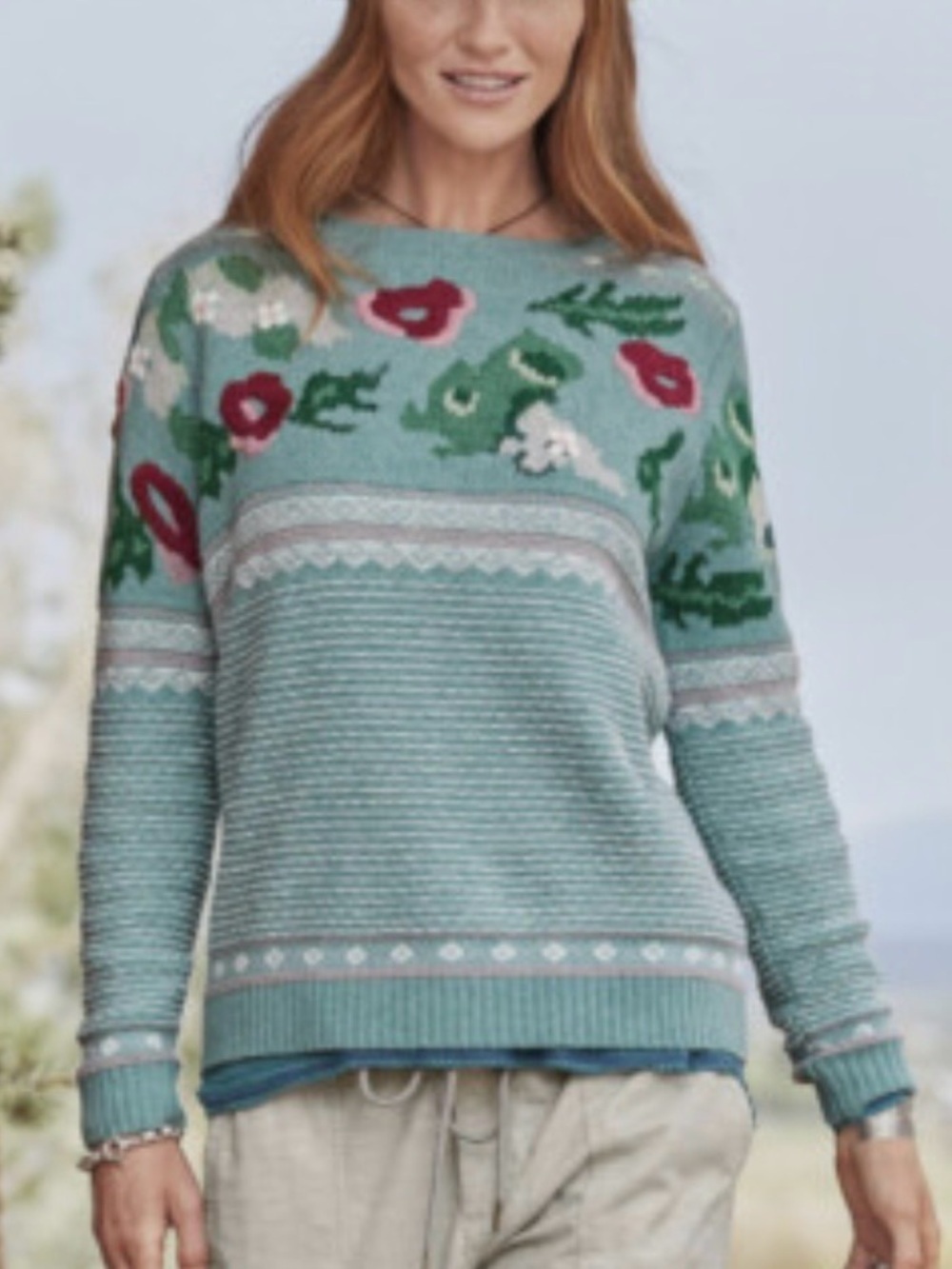 Sundance Sweater Women L Green Bold Botanic Embroidery Wool Blend Cottagecore